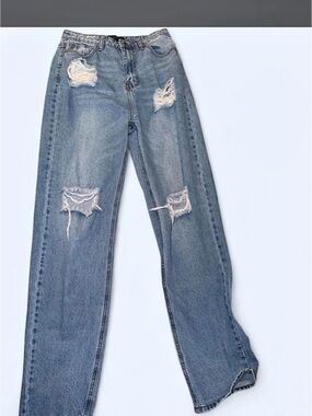 Straight Leg Distressed Jeans Size 7 Blue